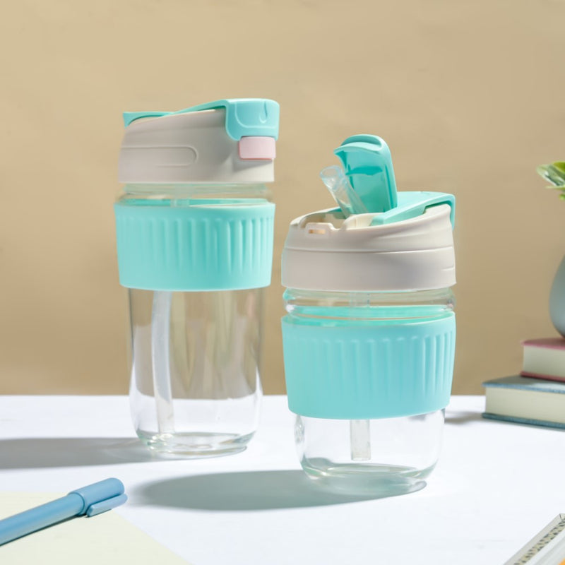 Glass Tumbler With Dual Flip Lid Blue 350ml- Sippers, sipping cup, travel mug | Sippers for Travelling & Home decor