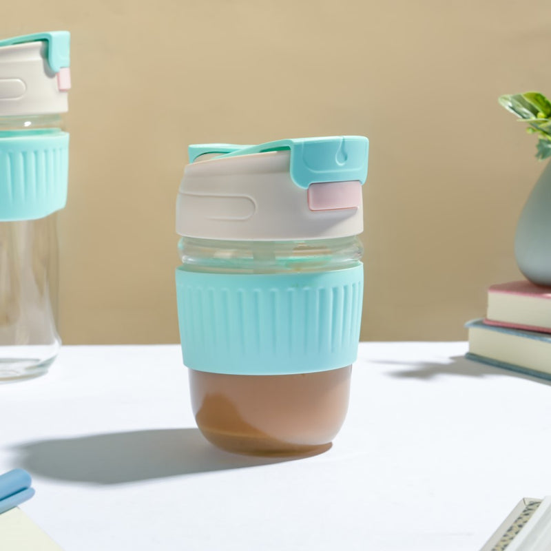 Glass Tumbler With Dual Flip Lid Blue 350ml- Sippers, sipping cup, travel mug | Sippers for Travelling & Home decor