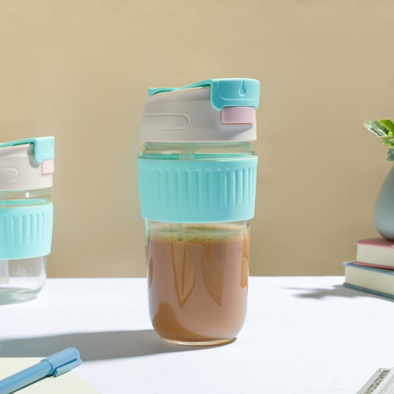 Glass Tumbler With Dual Flip Lid Blue 450ml- Sippers, sipping cup, travel mug | Sippers for Travelling & Home decor