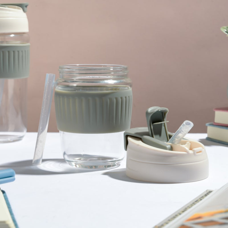 Glass Tumbler With Dual Flip Lid Grey 350ml- Sippers, sipping cup, travel mug | Sippers for Travelling & Home decor