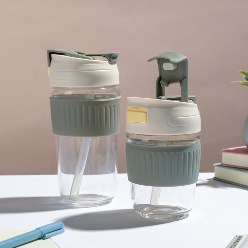 Glass Tumbler With Dual Flip Lid Grey 350ml- Sippers, sipping cup, travel mug | Sippers for Travelling & Home decor