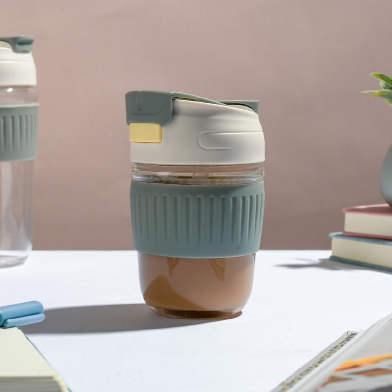 Glass Tumbler With Dual Flip Lid Grey 350ml- Sippers, sipping cup, travel mug | Sippers for Travelling & Home decor
