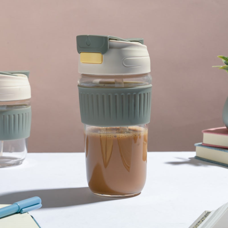 Glass Tumbler With Dual Flip Lid Grey 450ml- Sippers, sipping cup, travel mug | Sippers for Travelling & Home decor
