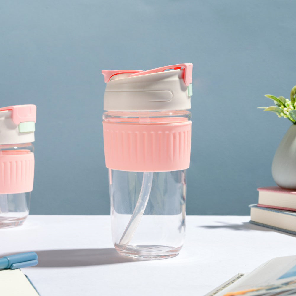 Glass Tumbler With Dual Flip Lid Pink 450ml Online - Premium Water ...