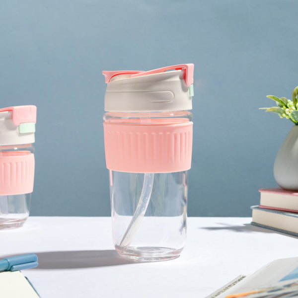 Glass Tumbler With Dual Flip Lid Pink 450ml- Sippers, sipping cup, travel mug | Sippers for Travelling & Home decor