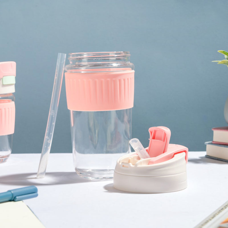Glass Tumbler With Dual Flip Lid Pink 450ml- Sippers, sipping cup, travel mug | Sippers for Travelling & Home decor