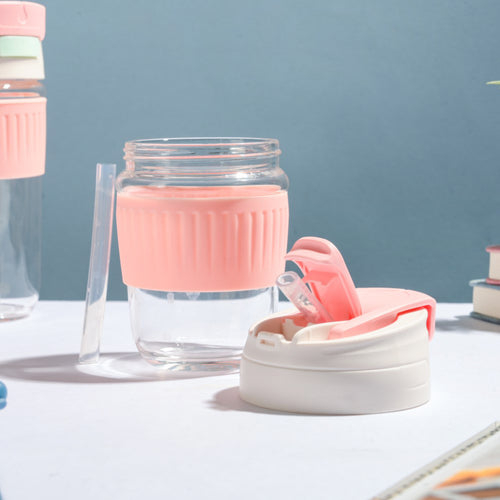 Glass Tumbler With Dual Flip Lid Pink 350ml- Sippers, sipping cup, travel mug | Sippers for Travelling & Home decor