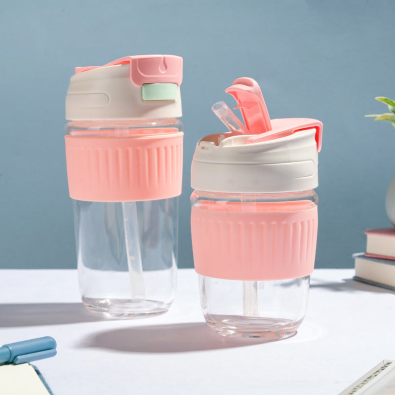 Glass Tumbler With Dual Flip Lid Pink 450ml- Sippers, sipping cup, travel mug | Sippers for Travelling & Home decor