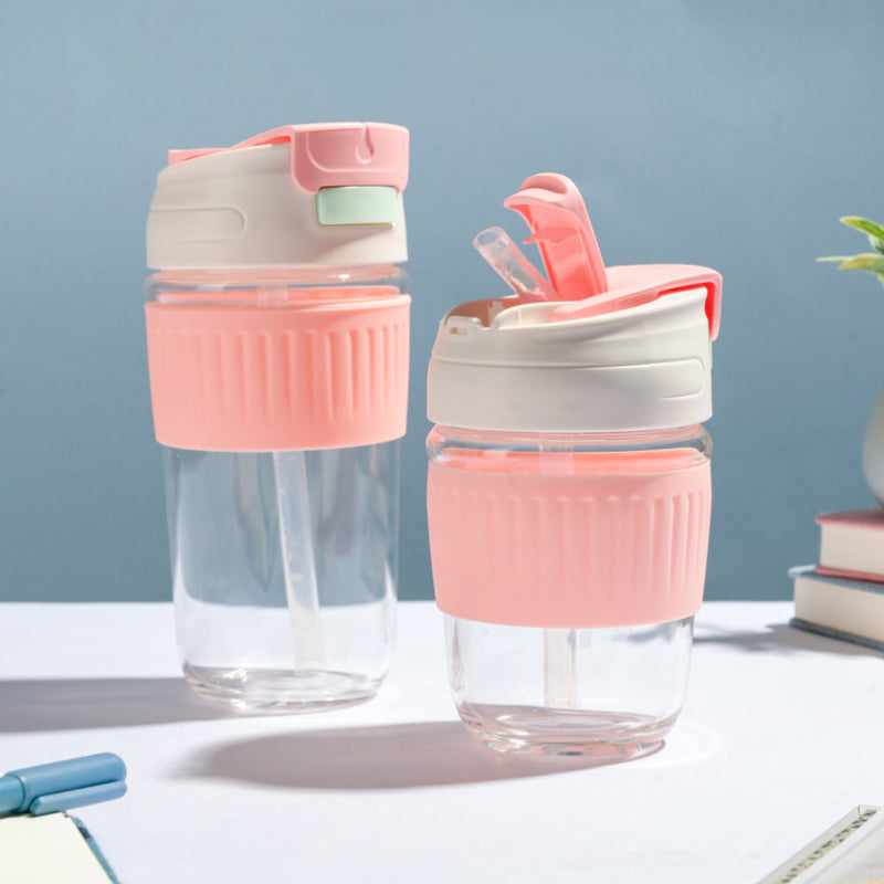 Glass Tumbler With Dual Flip Lid Pink 350ml- Sippers, sipping cup, travel mug | Sippers for Travelling & Home decor