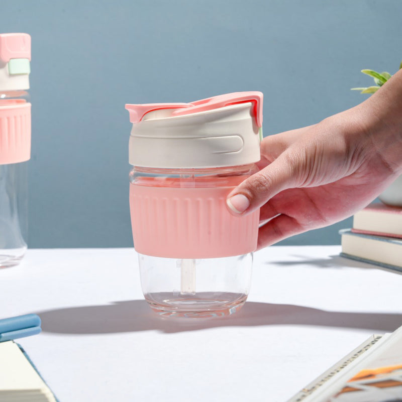 Glass Tumbler With Dual Flip Lid Pink 350ml- Sippers, sipping cup, travel mug | Sippers for Travelling & Home decor