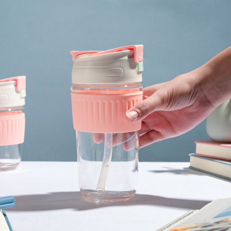 Glass Tumbler With Dual Flip Lid Pink 450ml- Sippers, sipping cup, travel mug | Sippers for Travelling & Home decor