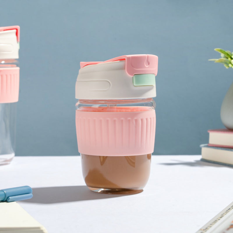Glass Tumbler With Dual Flip Lid Pink 350ml- Sippers, sipping cup, travel mug | Sippers for Travelling & Home decor