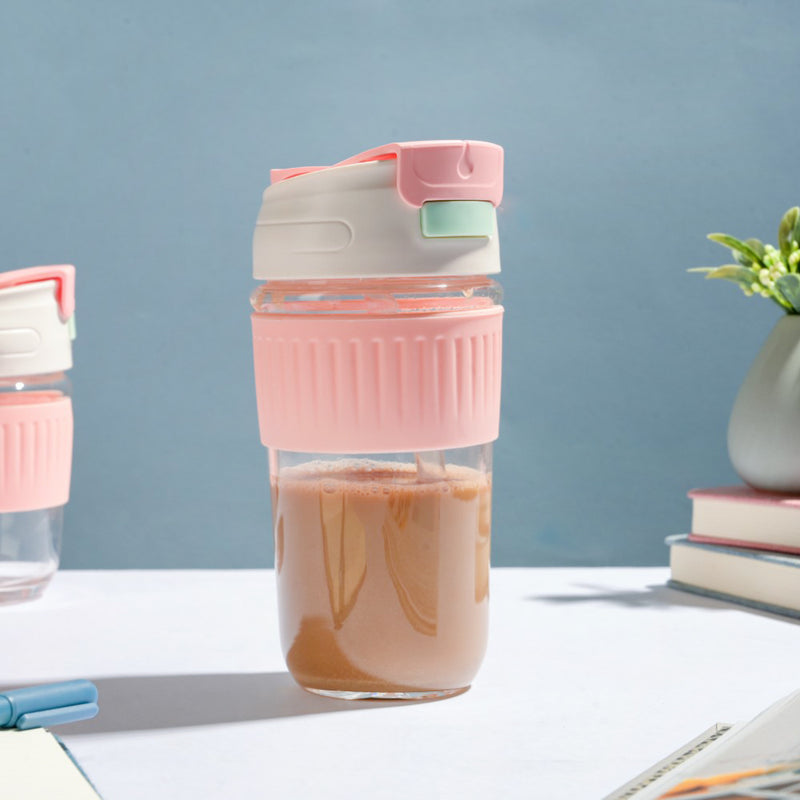 Glass Tumbler With Dual Flip Lid Pink 450ml- Sippers, sipping cup, travel mug | Sippers for Travelling & Home decor