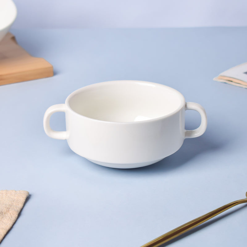 Classic Pearly White Soup Bowl With Handles 200 ml - Bowl, soup bowl, ceramic bowl, snack bowls, curry bowl, popcorn bowls | Bowls for dining table & home decor