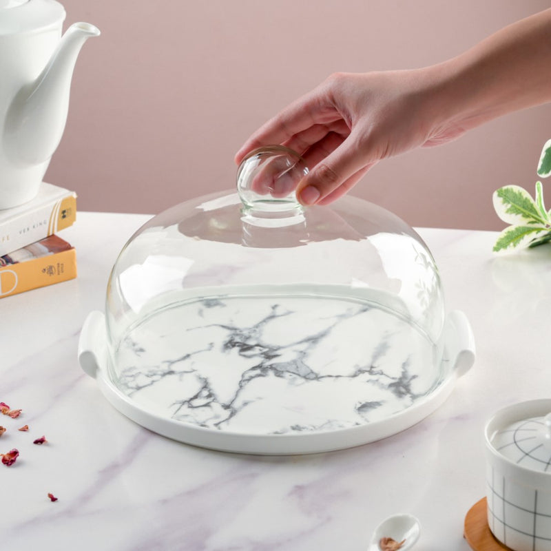 Marble Cake Plate With Cover 10 Inch