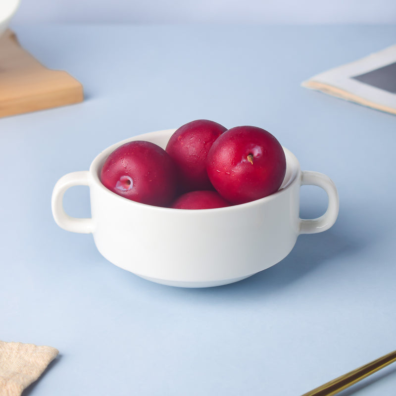 Classic Pearly White Soup Bowl With Handles 200 ml - Bowl, soup bowl, ceramic bowl, snack bowls, curry bowl, popcorn bowls | Bowls for dining table & home decor