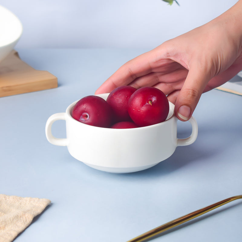 Classic Pearly White Soup Bowl With Handles 200 ml - Bowl, soup bowl, ceramic bowl, snack bowls, curry bowl, popcorn bowls | Bowls for dining table & home decor