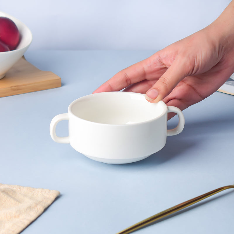Classic Pearly White Soup Bowl With Handles 200 ml - Bowl, soup bowl, ceramic bowl, snack bowls, curry bowl, popcorn bowls | Bowls for dining table & home decor