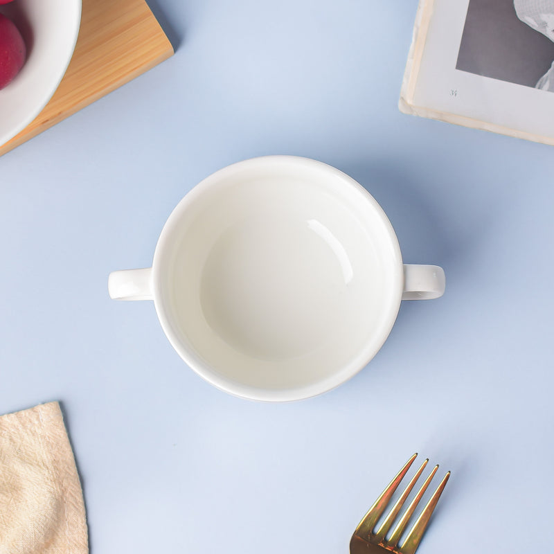 Classic Pearly White Soup Bowl With Handles 200 ml - Bowl, soup bowl, ceramic bowl, snack bowls, curry bowl, popcorn bowls | Bowls for dining table & home decor