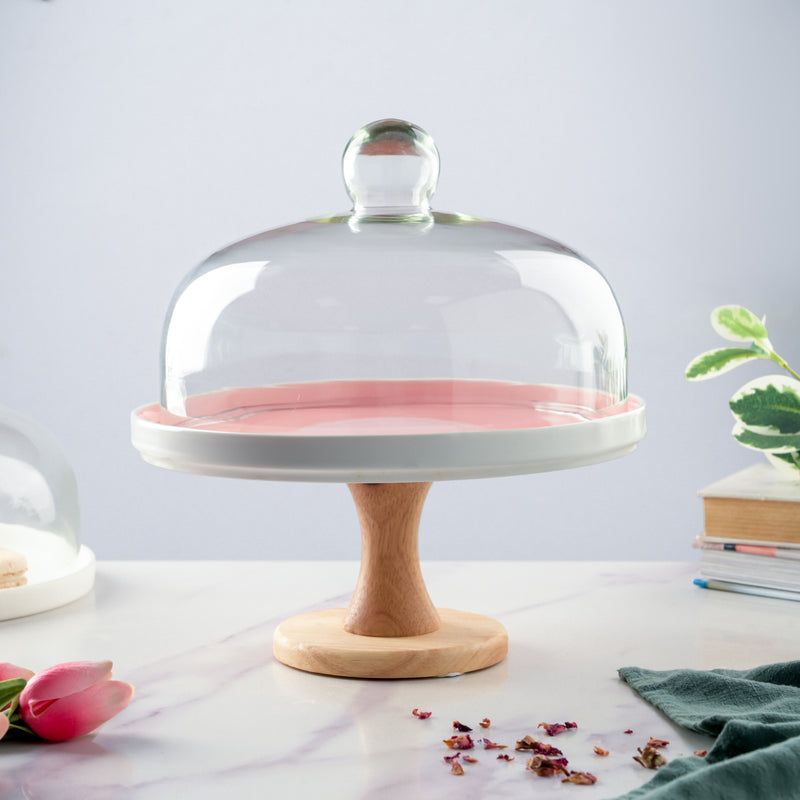 Cake Stand With Cloche Pink 7.5 Inch