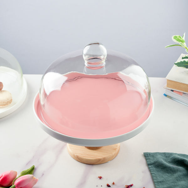 Cake Stand With Cloche Pink 7.5 Inch