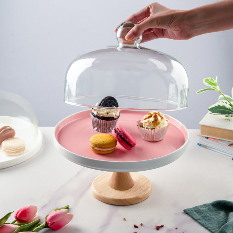 Cake Stand With Cloche Pink 7.5 Inch