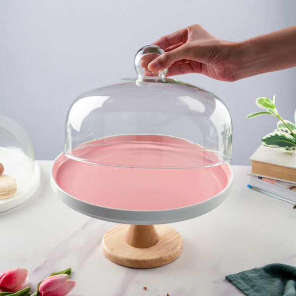 Cake Stand With Cloche Pink 7.5 Inch