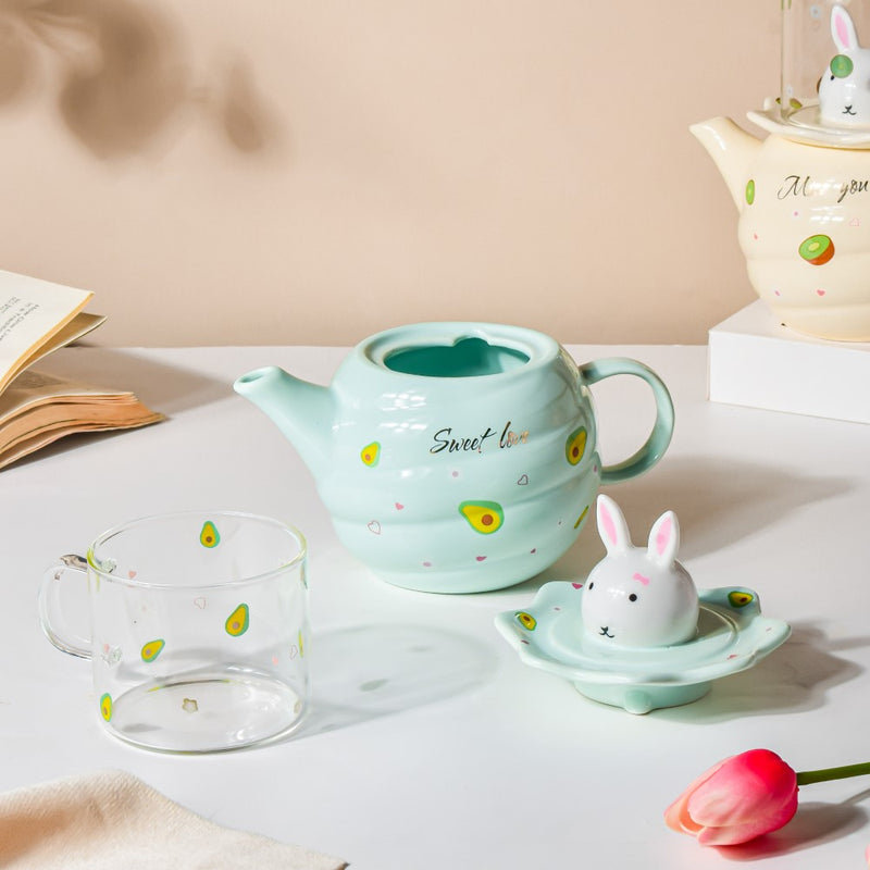 Bunny Tea Cup And Kettle Mint Green - Tea cup set, tea set, teapot set | Tea set for Dining Table & Home Decor