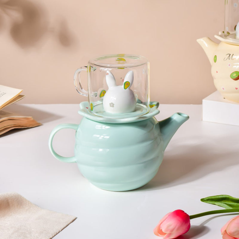 Bunny Tea Cup And Kettle Mint Green - Tea cup set, tea set, teapot set | Tea set for Dining Table & Home Decor