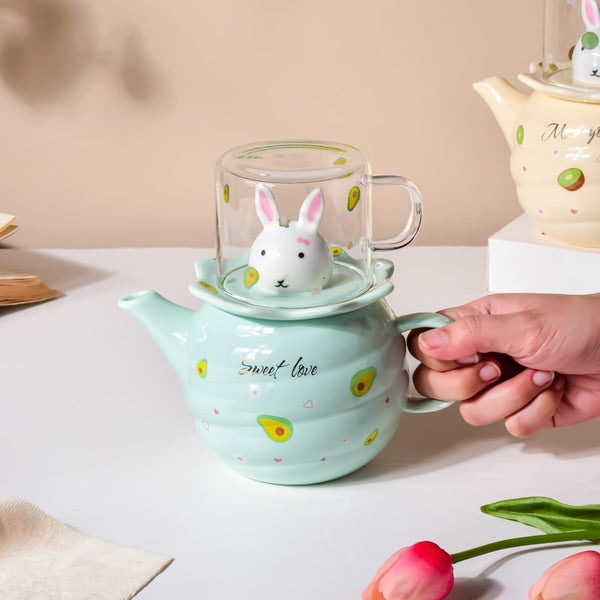 Bunny Tea Cup And Kettle Mint Green - Tea cup set, tea set, teapot set | Tea set for Dining Table & Home Decor