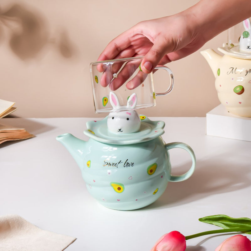 Bunny Tea Cup And Kettle Mint Green - Tea cup set, tea set, teapot set | Tea set for Dining Table & Home Decor