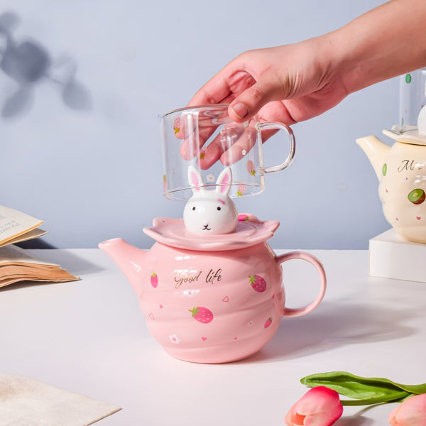 Bunny Tea Cup And Kettle Pink