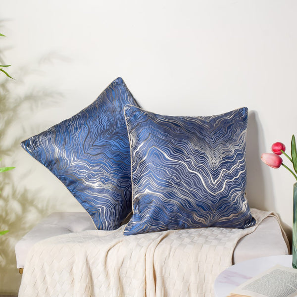 Luxury Embroidered Cushion Cover Blue Set of 2 17x17 Inch
