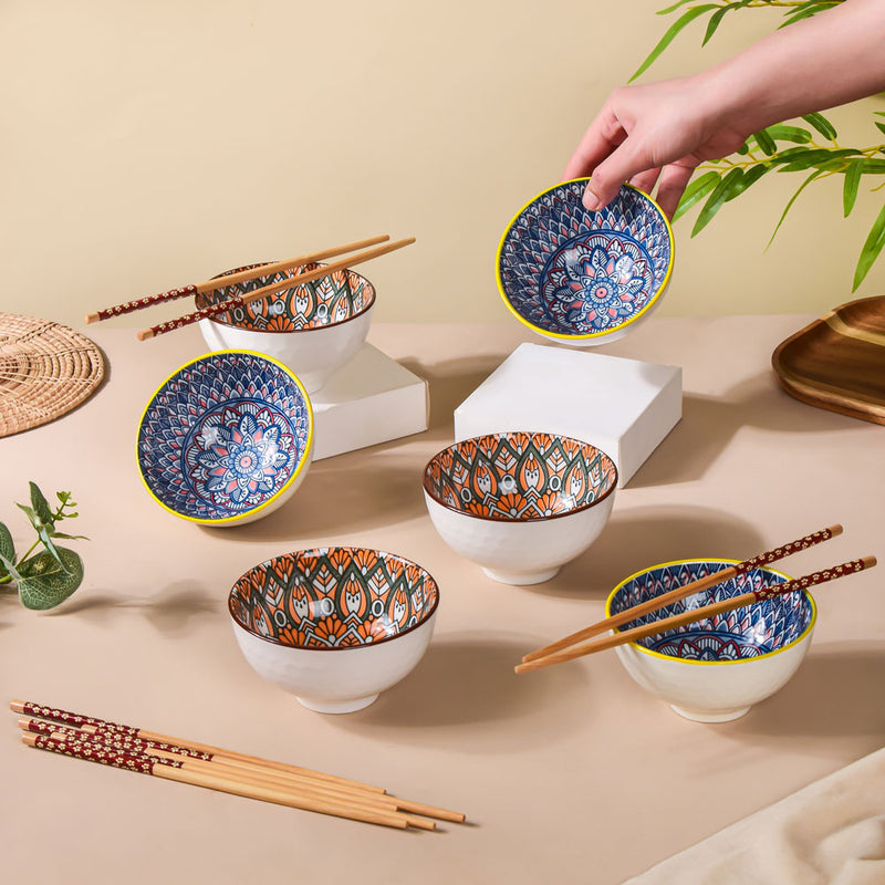 Mandala Snack Bowl & Chopstick Multicolour Set Of 12 - Bowl, soup bowl, ceramic bowl, snack bowls, curry bowl, popcorn bowls | Bowls for dining table & home decor