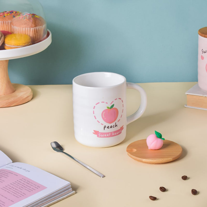 Morning Tea Mug Hearty Peach With Lid And Spoon 350 ml- Mug for coffee, tea mug, cappuccino mug | Cups and Mugs for Coffee Table & Home Decor