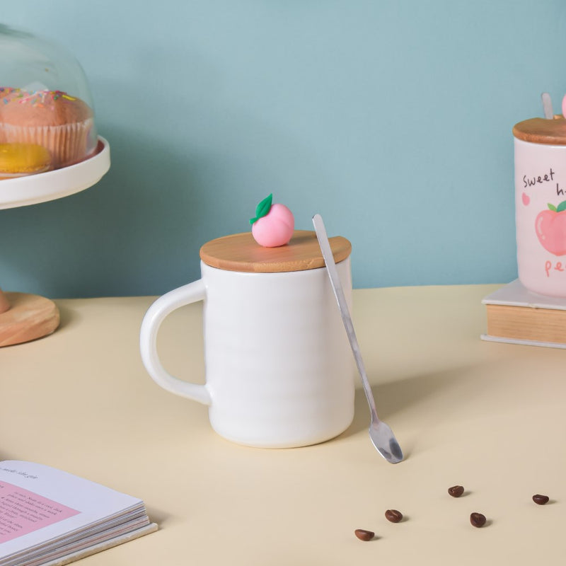 Morning Tea Mug Hearty Peach With Lid And Spoon 350 ml- Mug for coffee, tea mug, cappuccino mug | Cups and Mugs for Coffee Table & Home Decor