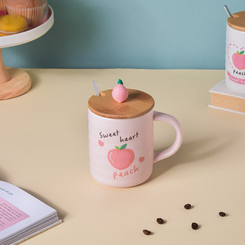 Morning Tea Mug Sweet Peach With Lid And Spoon Pink 350 ml- Mug for coffee, tea mug, cappuccino mug | Cups and Mugs for Coffee Table & Home Decor