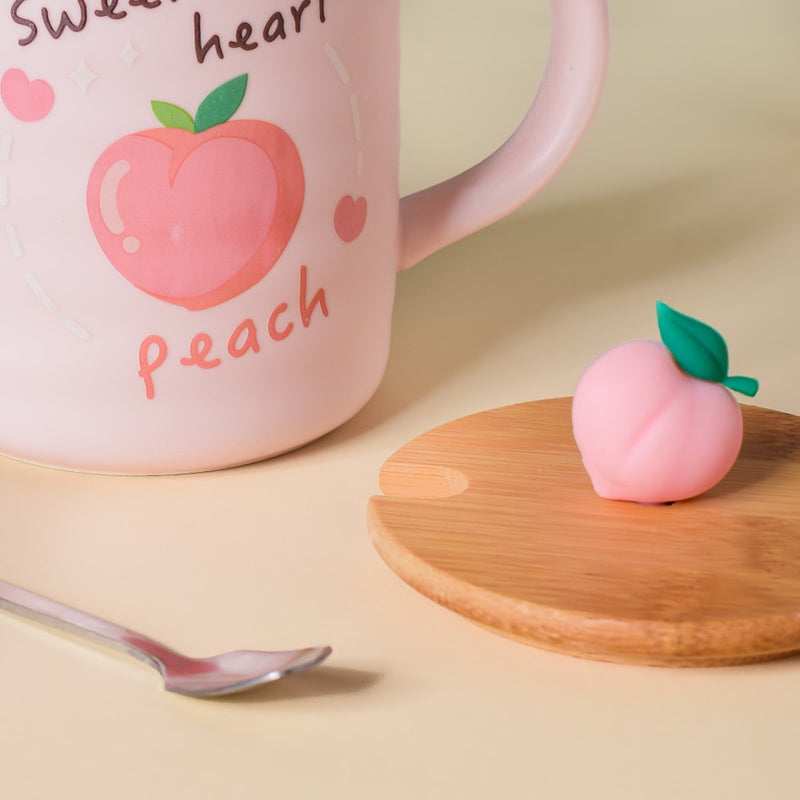 Morning Tea Mug Sweet Peach With Lid And Spoon Pink 350 ml- Mug for coffee, tea mug, cappuccino mug | Cups and Mugs for Coffee Table & Home Decor