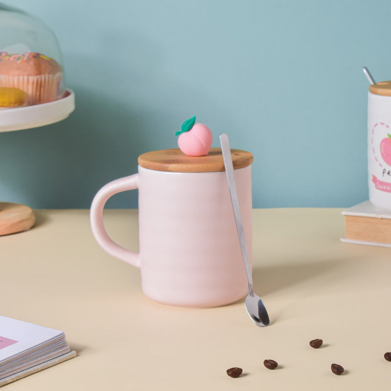 Morning Tea Mug Sweet Peach With Lid And Spoon Pink 350 ml- Mug for coffee, tea mug, cappuccino mug | Cups and Mugs for Coffee Table & Home Decor