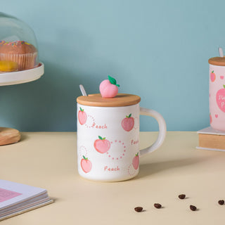Morning Tea Mug Peach Patterned With Lid And Spoon 350 ml
