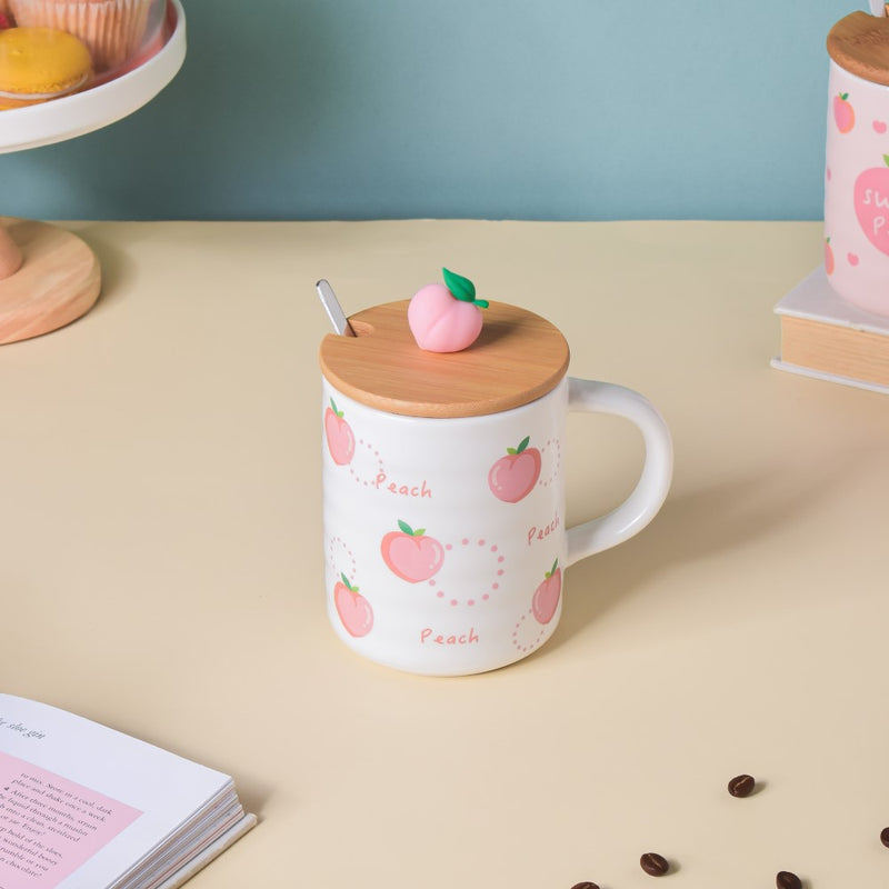 Morning Tea Mug Peach Patterned With Lid And Spoon 350 ml- Mug for coffee, tea mug, cappuccino mug | Cups and Mugs for Coffee Table & Home Decor