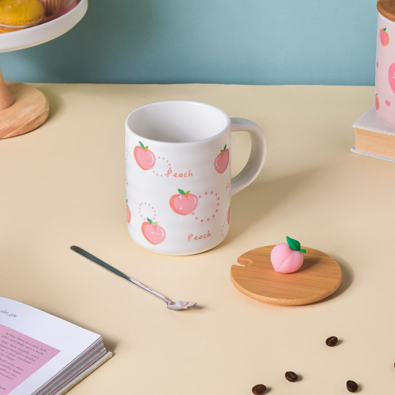 Morning Tea Mug Peach Patterned With Lid And Spoon 350 ml- Mug for coffee, tea mug, cappuccino mug | Cups and Mugs for Coffee Table & Home Decor
