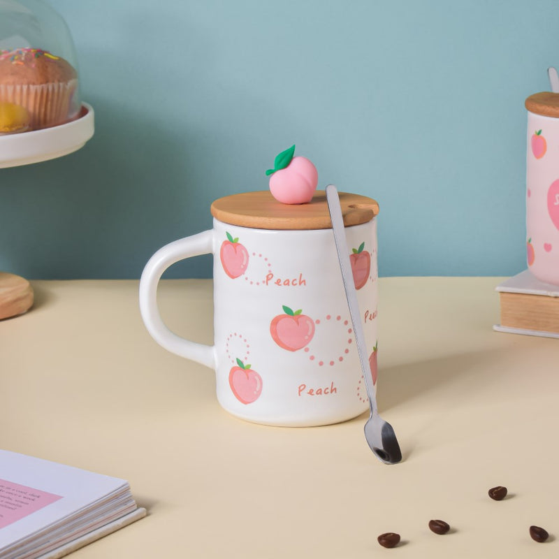 Morning Tea Mug Peach Patterned With Lid And Spoon 350 ml- Mug for coffee, tea mug, cappuccino mug | Cups and Mugs for Coffee Table & Home Decor
