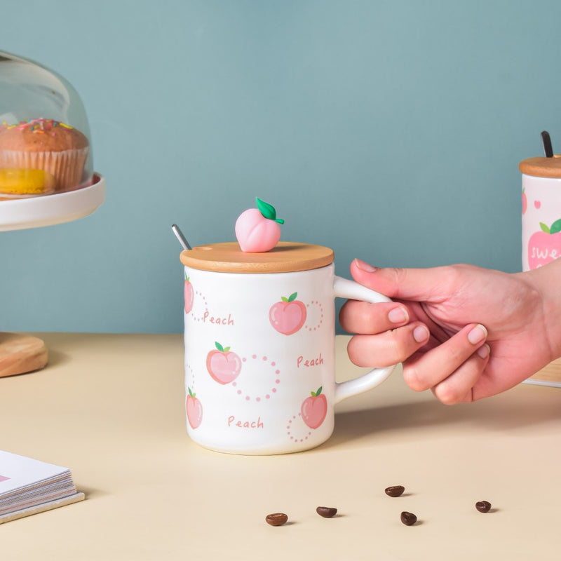 Morning Tea Mug Peach Patterned With Lid And Spoon 350 ml- Mug for coffee, tea mug, cappuccino mug | Cups and Mugs for Coffee Table & Home Decor