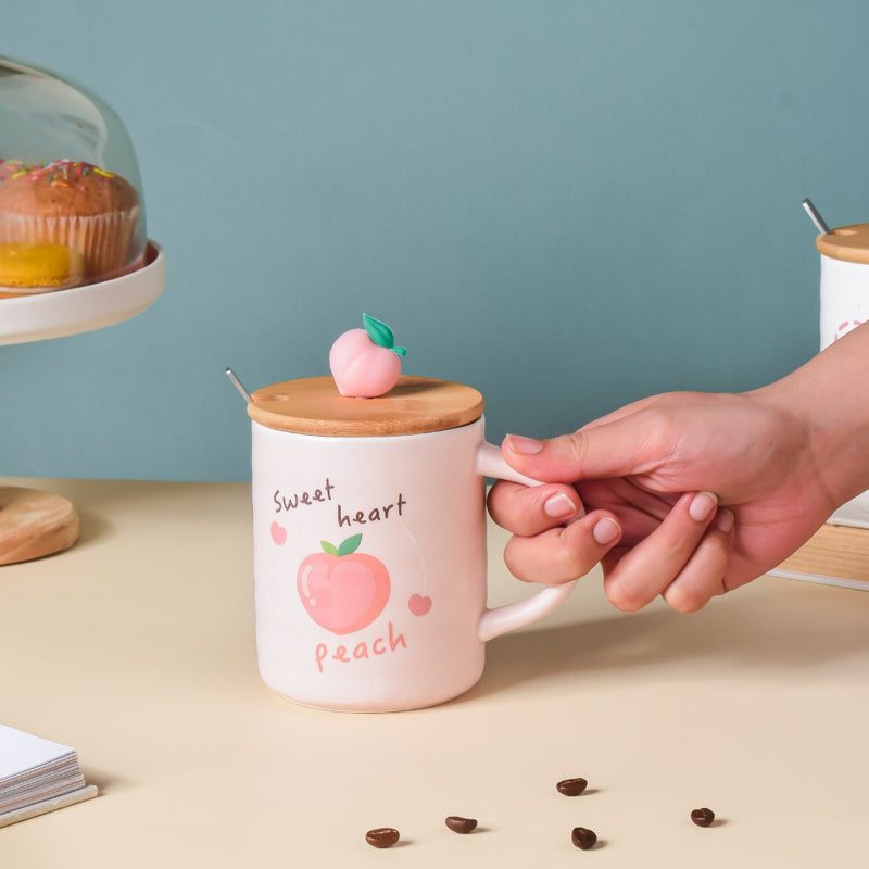 Morning Tea Mug Sweet Peach With Lid And Spoon Pink 350 ml- Mug for coffee, tea mug, cappuccino mug | Cups and Mugs for Coffee Table & Home Decor
