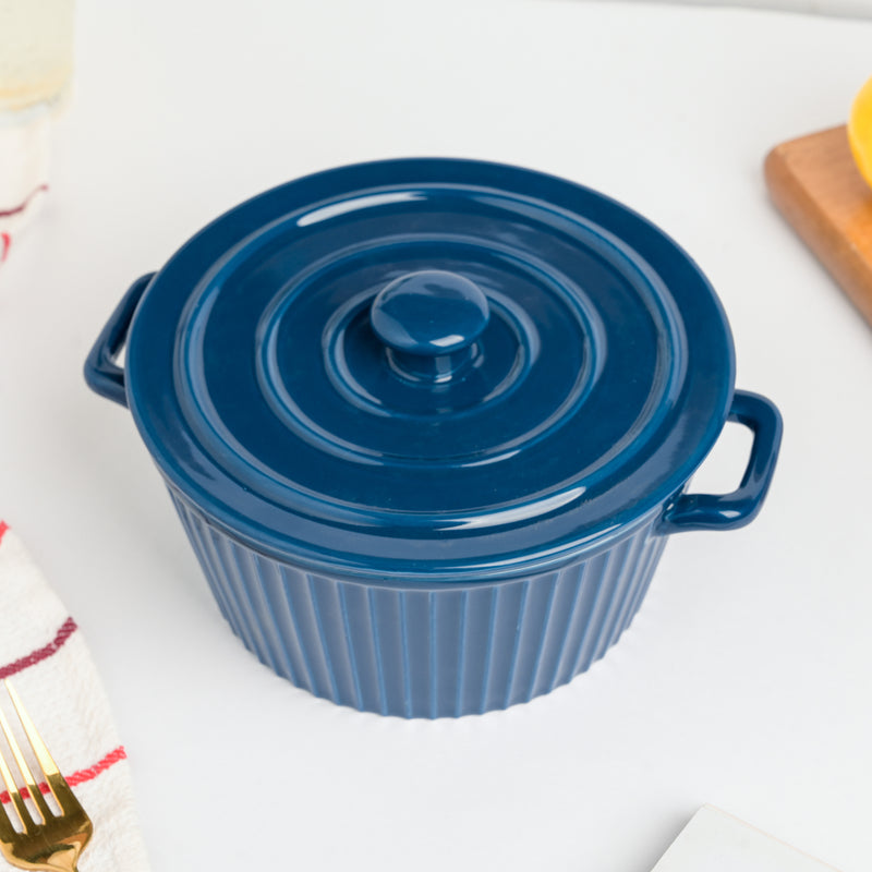Striped Cooking Pot with Lid - Serving bowl with lid, ceramic bowls with lids, noodle bowl, curry bowl, oven bowl, soup bowl with handle | Bowls for dining table & home decor