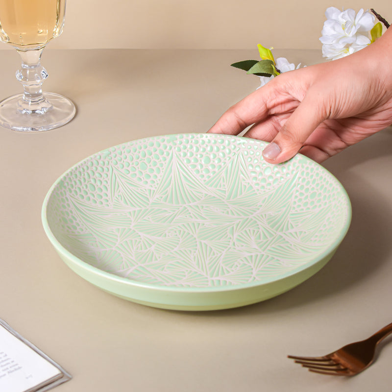 Springfield Green Textured Pasta Plate 8 Inch - Serving plate, pasta plate, lunch plate, deep plate | Plates for dining table & home decor