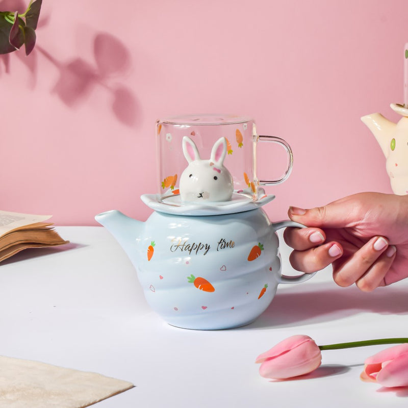 Bunny Cup And Kettle Blue - Teapot set, tea set, kettle and cup set | Tea set for Dining table & Home decor