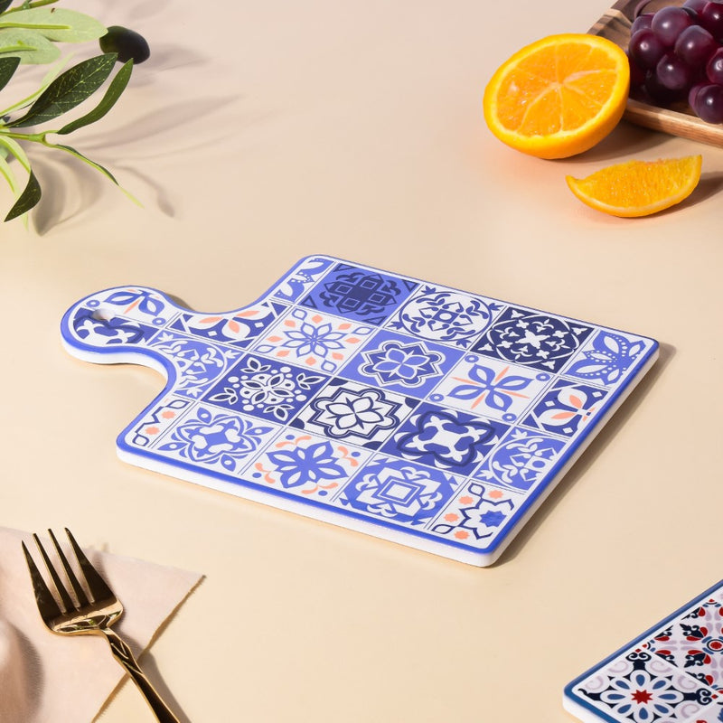 Ethnic Platter With Handle Blue 9 Inch - Ceramic platter, serving platter, fruit platter | Plates for dining table & home decor