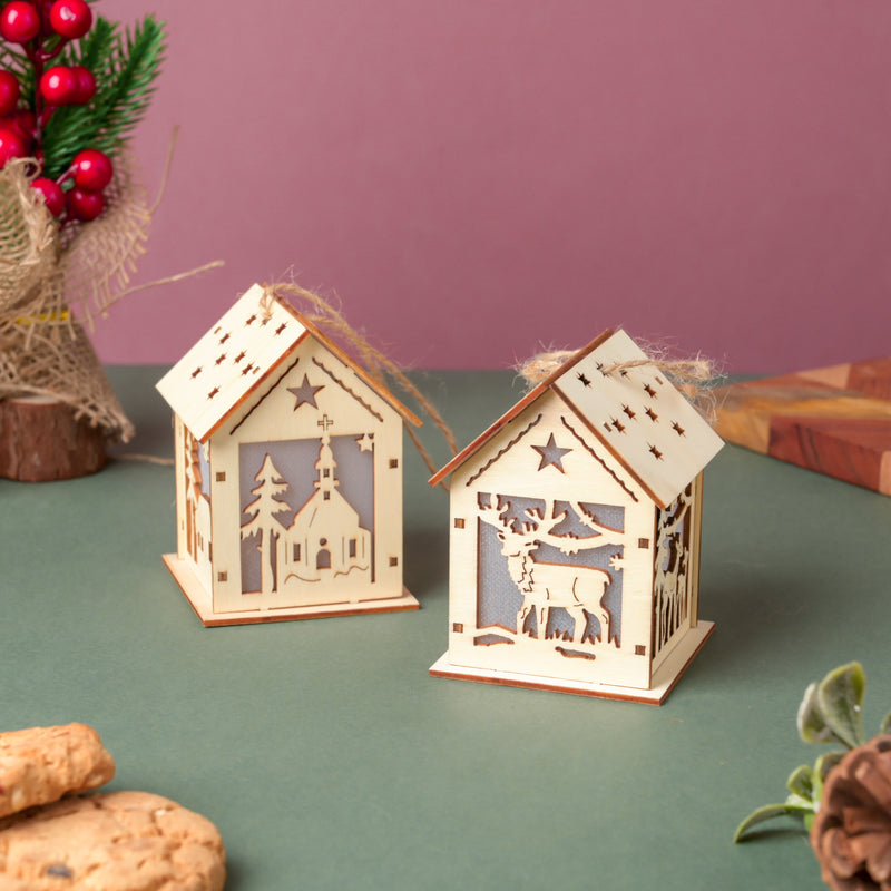 DIY Wooden House LED Christmas Decor Small - Showpiece | Home decor item | Room decoration item